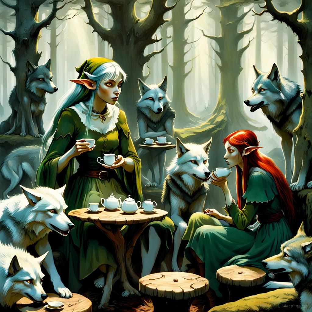 Elf Woman's Surreal Tea Party with Wolves