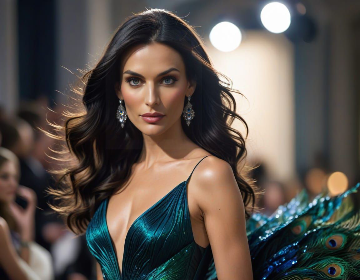 Glamorous Famke Jannssen in Vibrant Peacock Gown