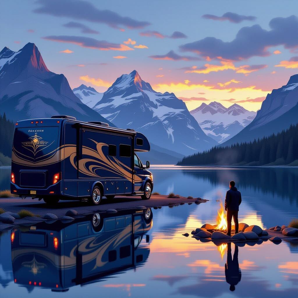 Luxury RV at Serene Lake During Golden Hour