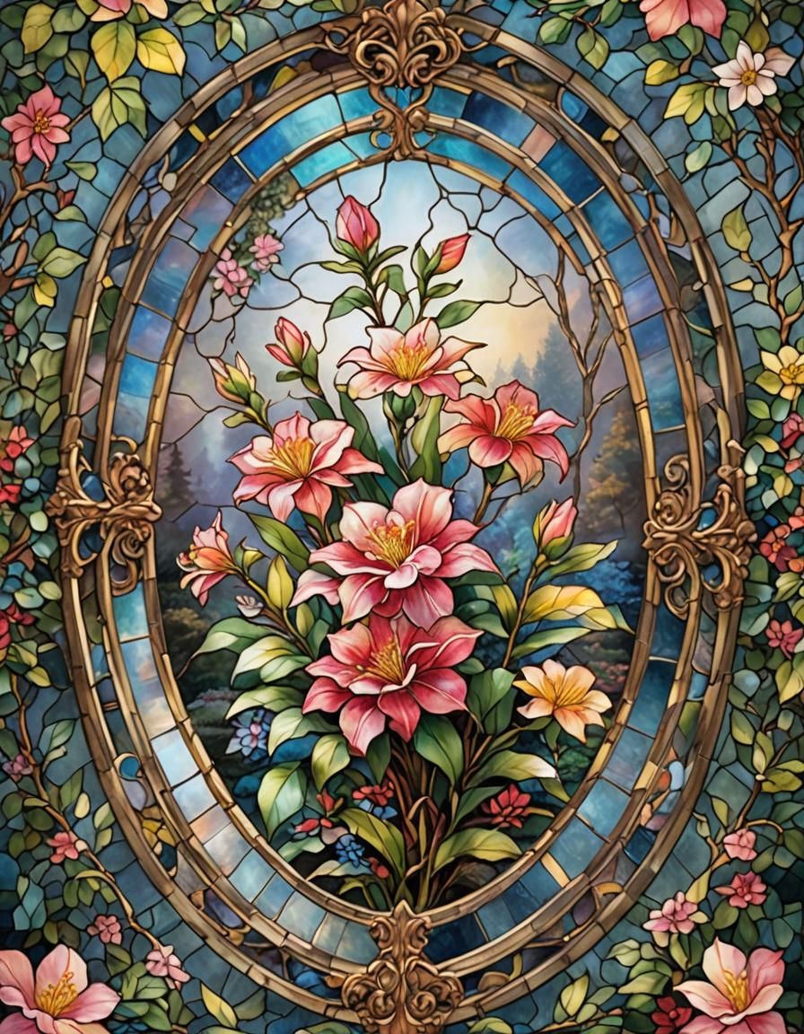 Vibrant Azalea in Stained Glass Oval