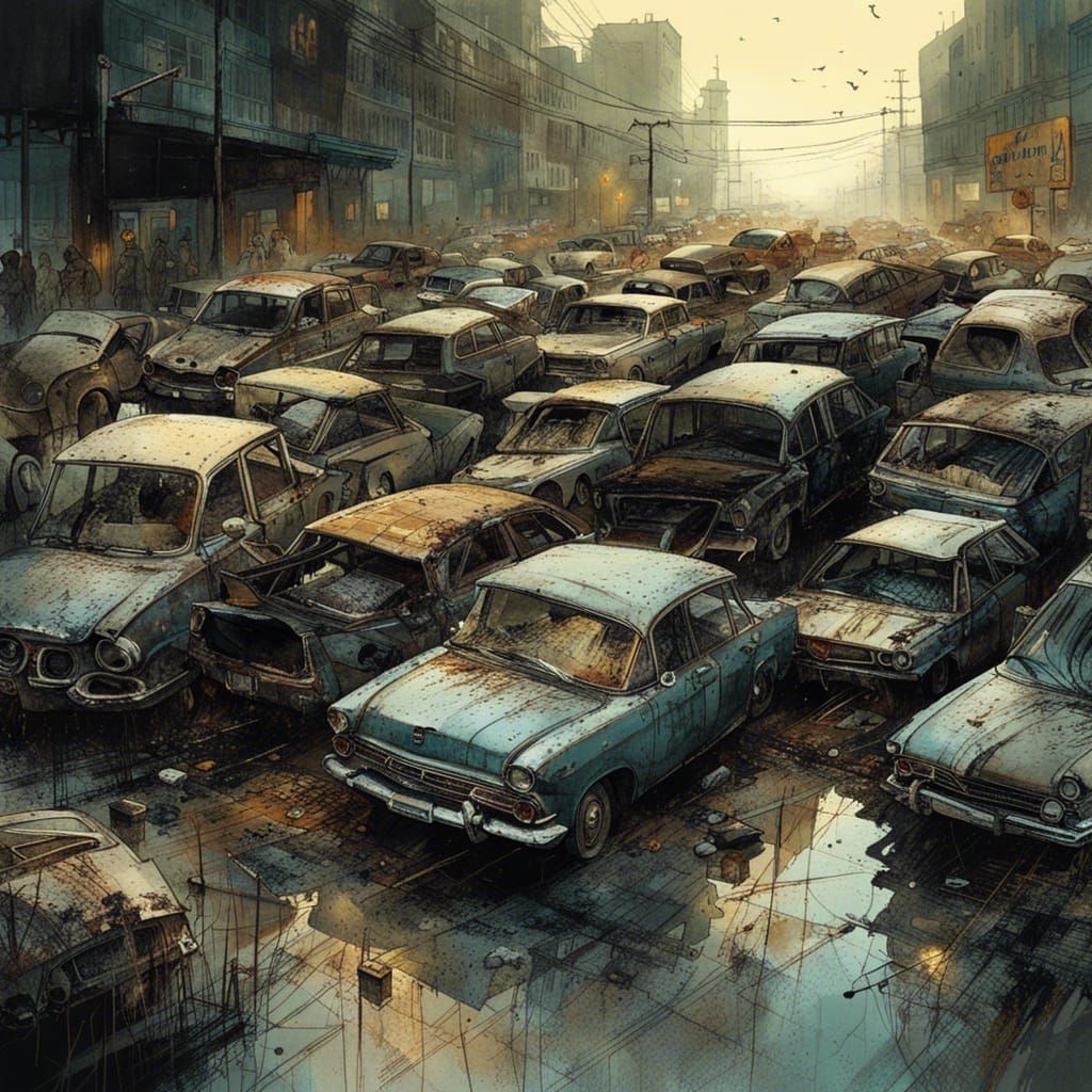 Highway of Abandoned Cars: A Gouache Illustration