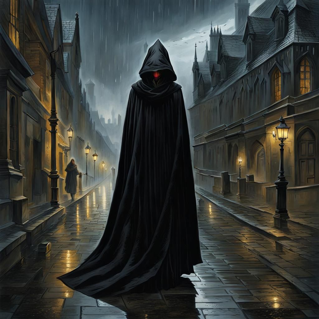 Medieval Woman in Black Cape in Rainy City