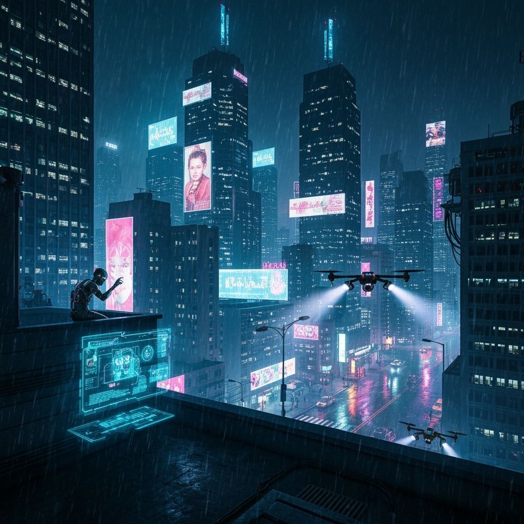 Cyberpunk Cityscape at Night with Hacker and Drones