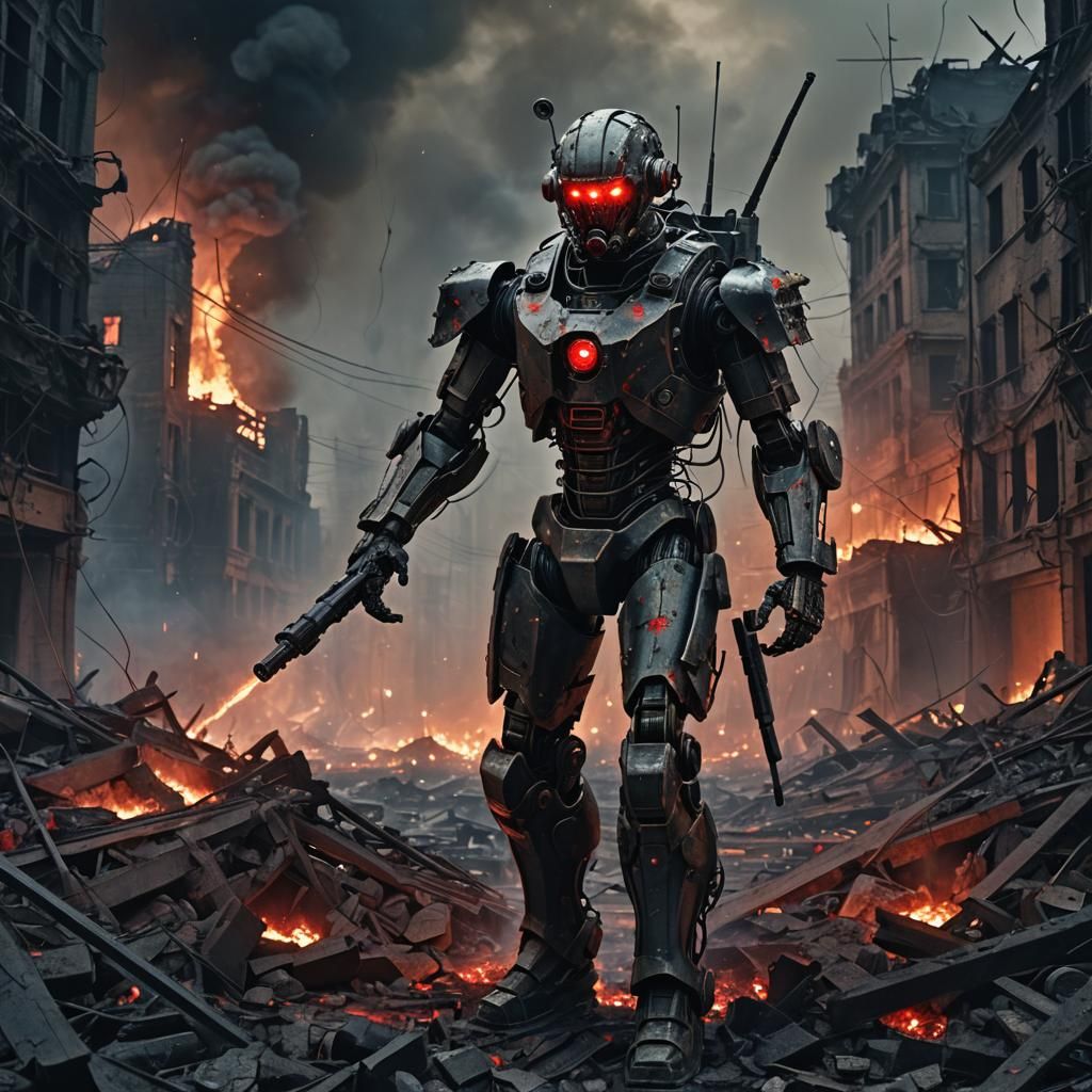 Dystopian Robotic Soldier in Warzone, Dark Surrealism