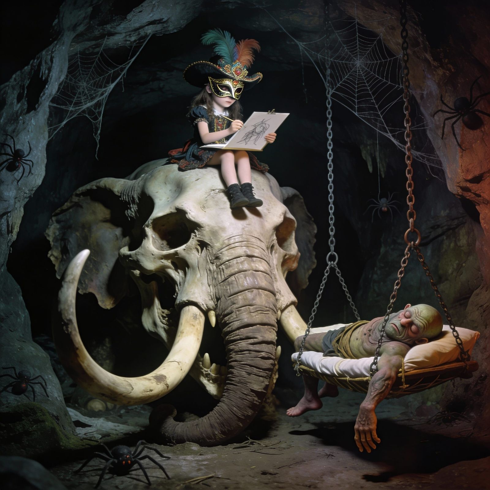 Girl Drawing Sleeping Cyclops in Eerie Cave