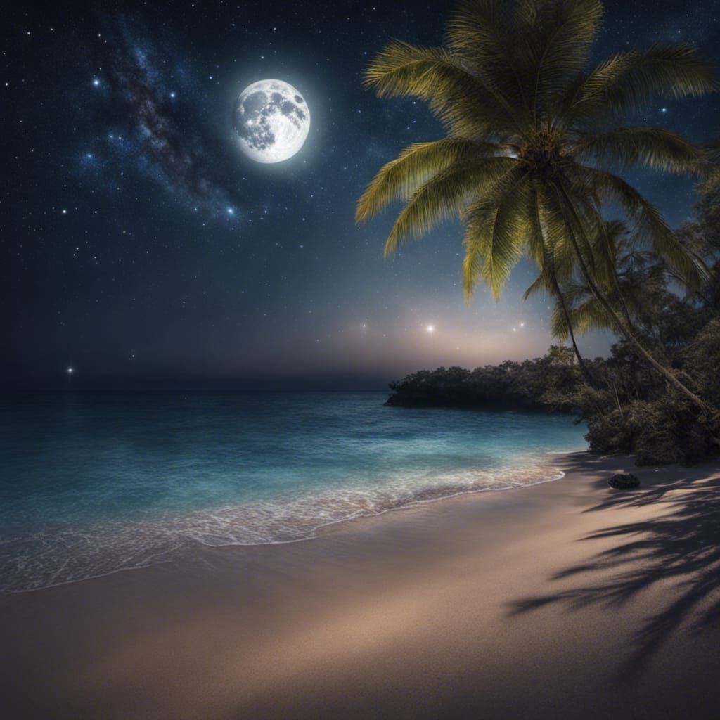 Tropical Beach Under Sparkling Starry Night Sky