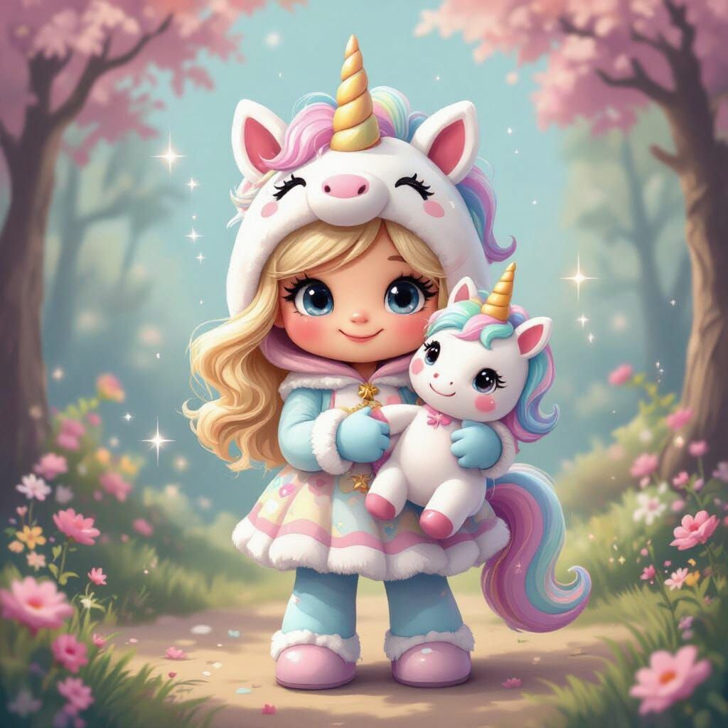 Cute Smurf as Unicorn with Doll in Whimsical Setting