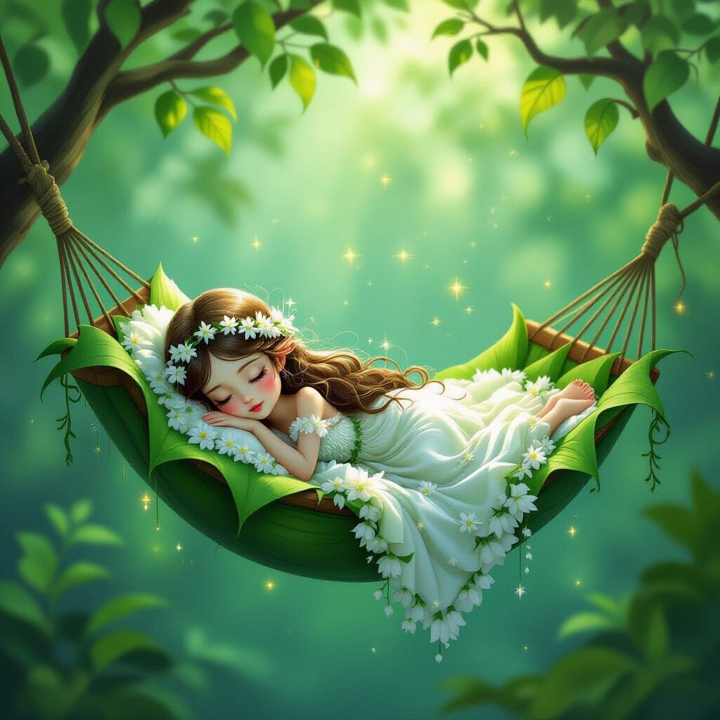 Lily-of-the-Valley Girl Asleep in Leaf Hammock