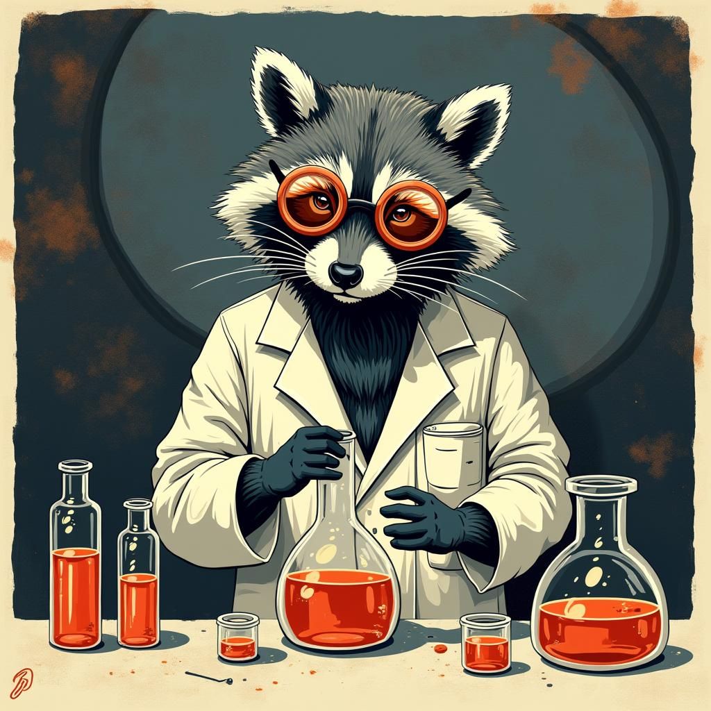 scientist raccoon. woodcut, linocut, relief print, minimalist, bold varied lines, large shapes of colors