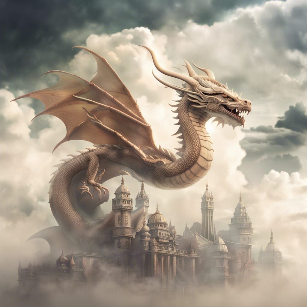 Ethereal Dragon Over Ancient Cloud City