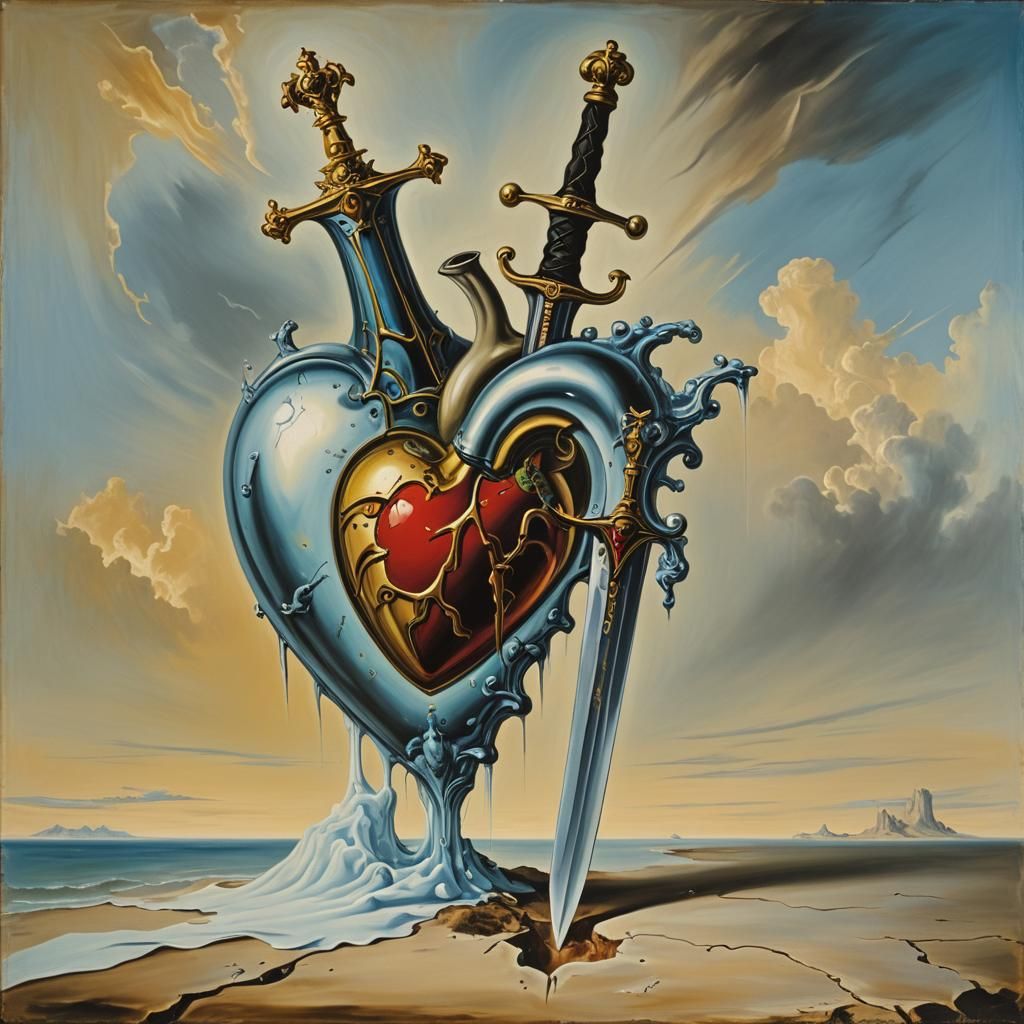 Heart Pierced by Sword: Surreal Oil Painting