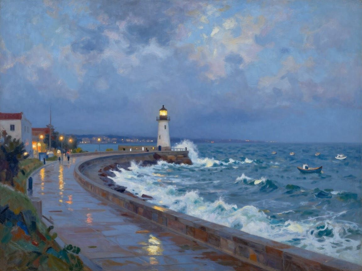 Lighthouse at Dusk Over Turbulent Waves