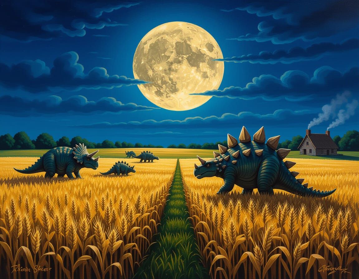Dinosaur Harvest Moon: Oil Painting of Rural Nightscape