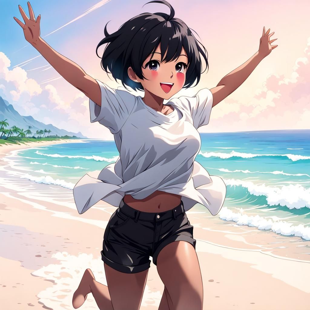 Anime Woman Jumping Happily on Beach