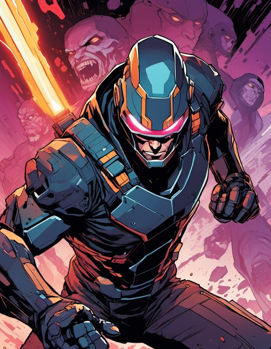 Cybernetic Vigilante Portrait in Comic Book Style