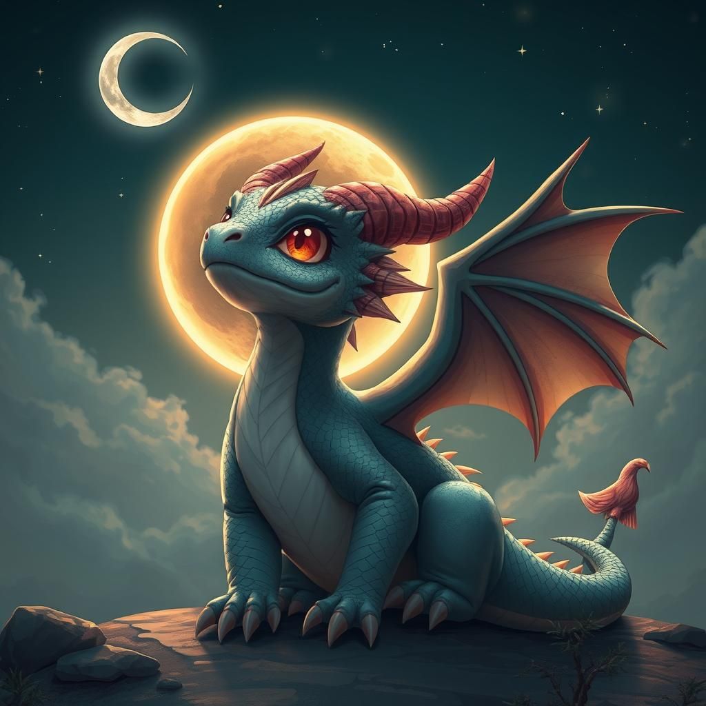 Dragon Gazing at Eclipsed Moon in Vaporwave Style