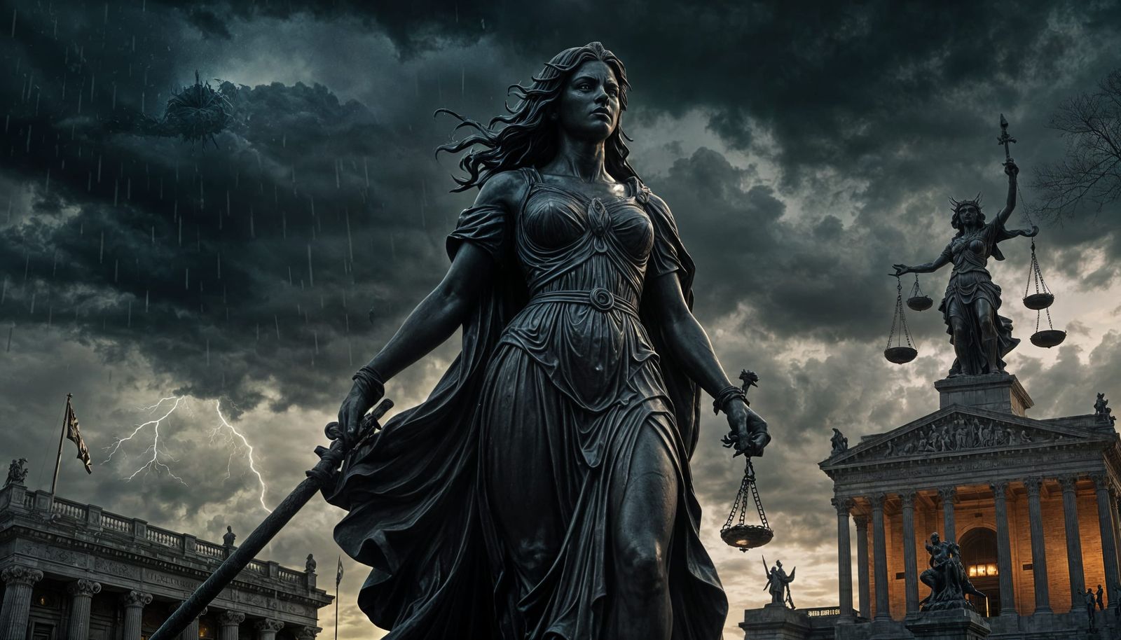 Justice Corrupted: Crumbling Courthouse at Dusk