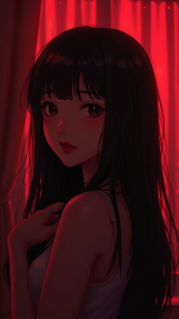 Dreamy Red-Lipped Beauty in Moody Atmosphere