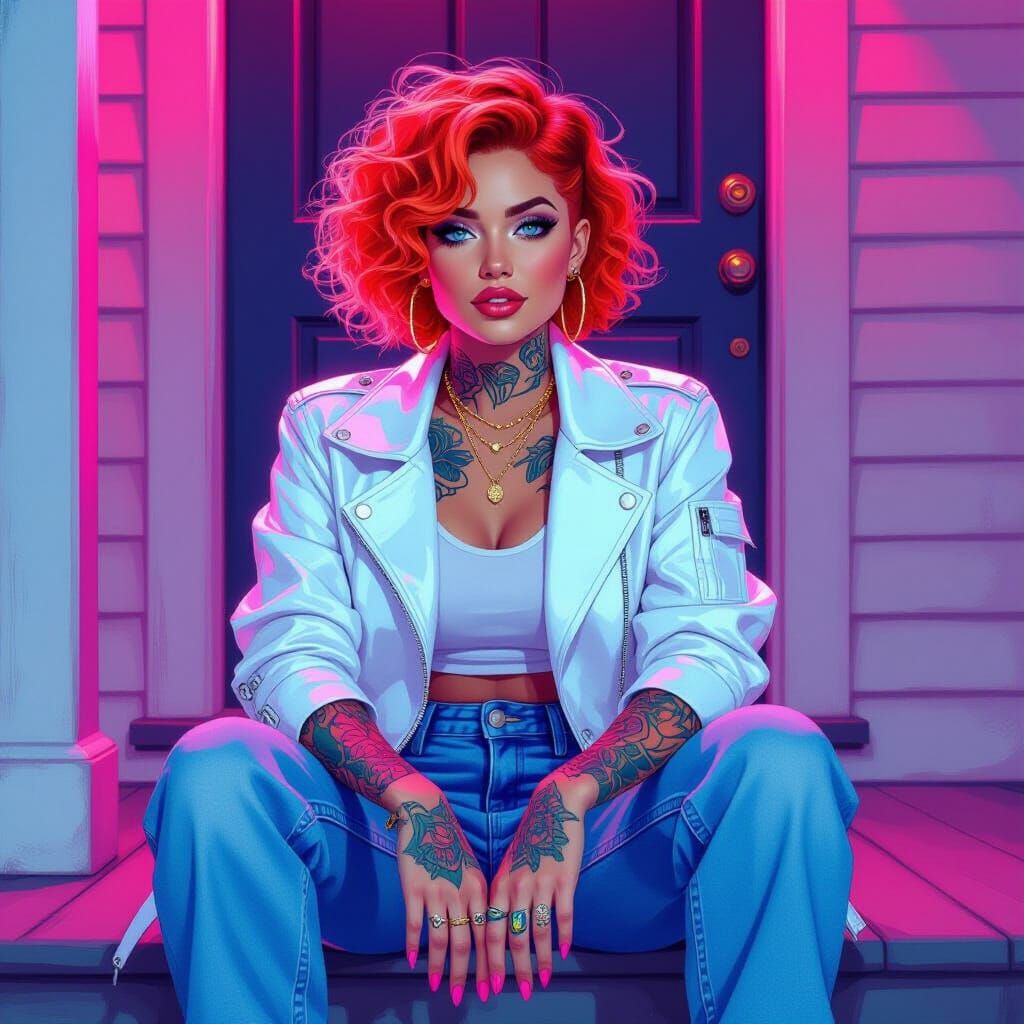 Sassy Neon Lady: Textured Oil Painting Portrait