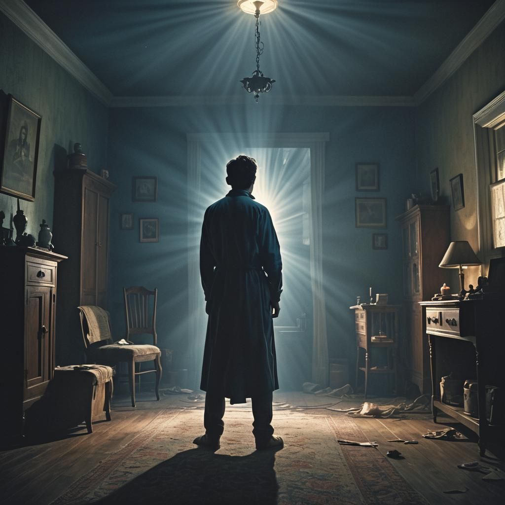 Eerie Horror Movie Scene: Man Praying in Dark Room