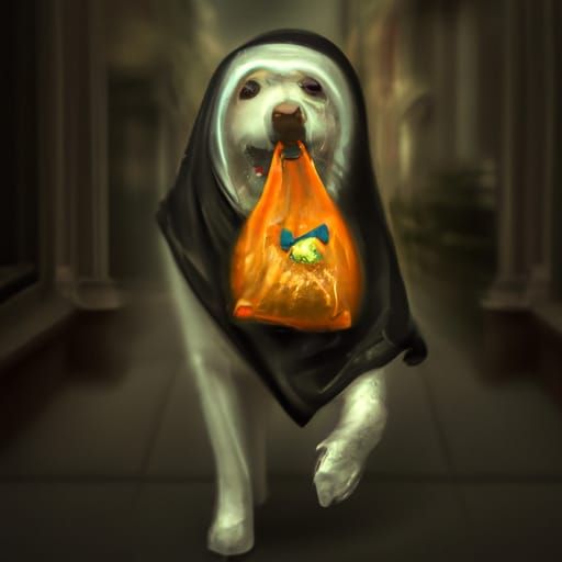 Dog in Ghost Costume Ready for Halloween Treats