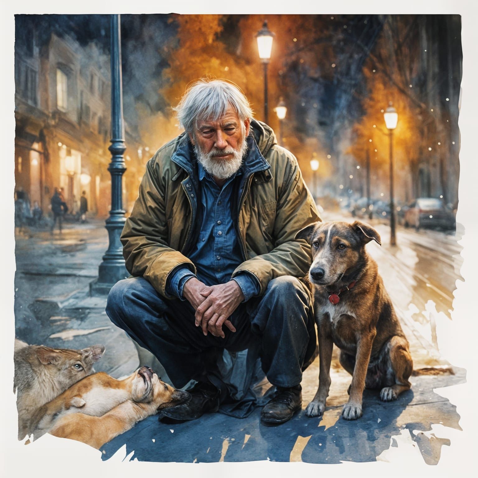 Emotional Double Exposure: Man and Dog on City Sidewalk at D...