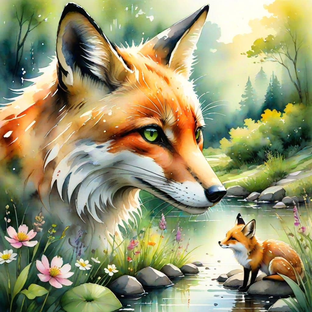 Ethereal Watercolour Geisha Meets Gentle Fox in Lush Valley