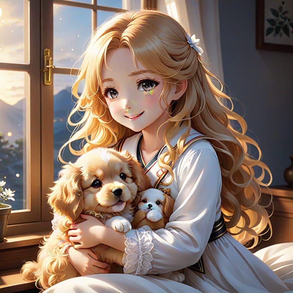 Anime Girl Adoring Puppy Before Bedtime