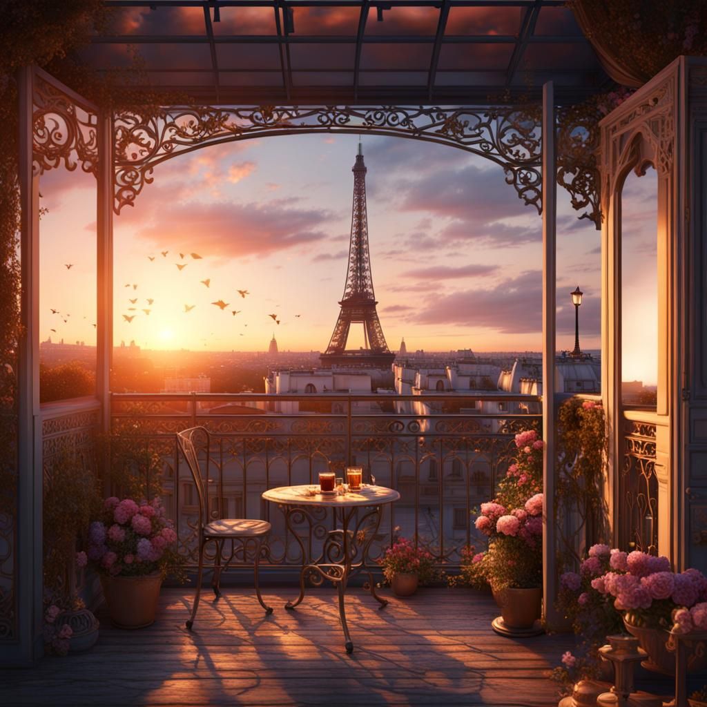 Eiffel Tower Sunset: Detailed Matte Painting