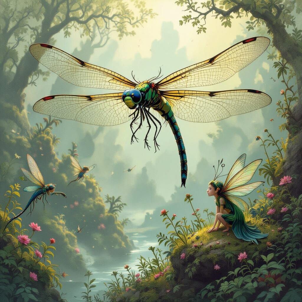 Dragonflies and Sprites in Whimsical Fantasy Art Style