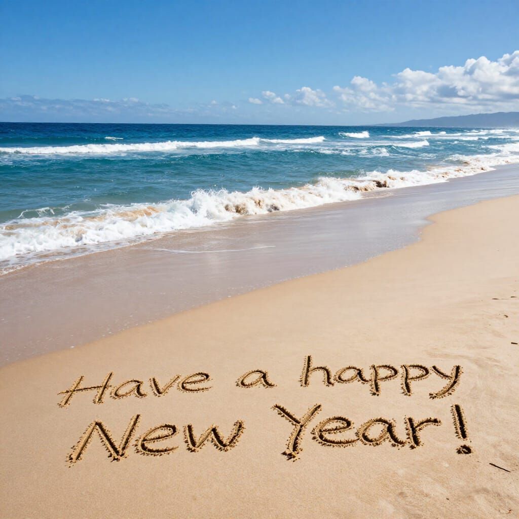 Idyllic Beach New Year's Greeting in Epic Digital Matte Pain...