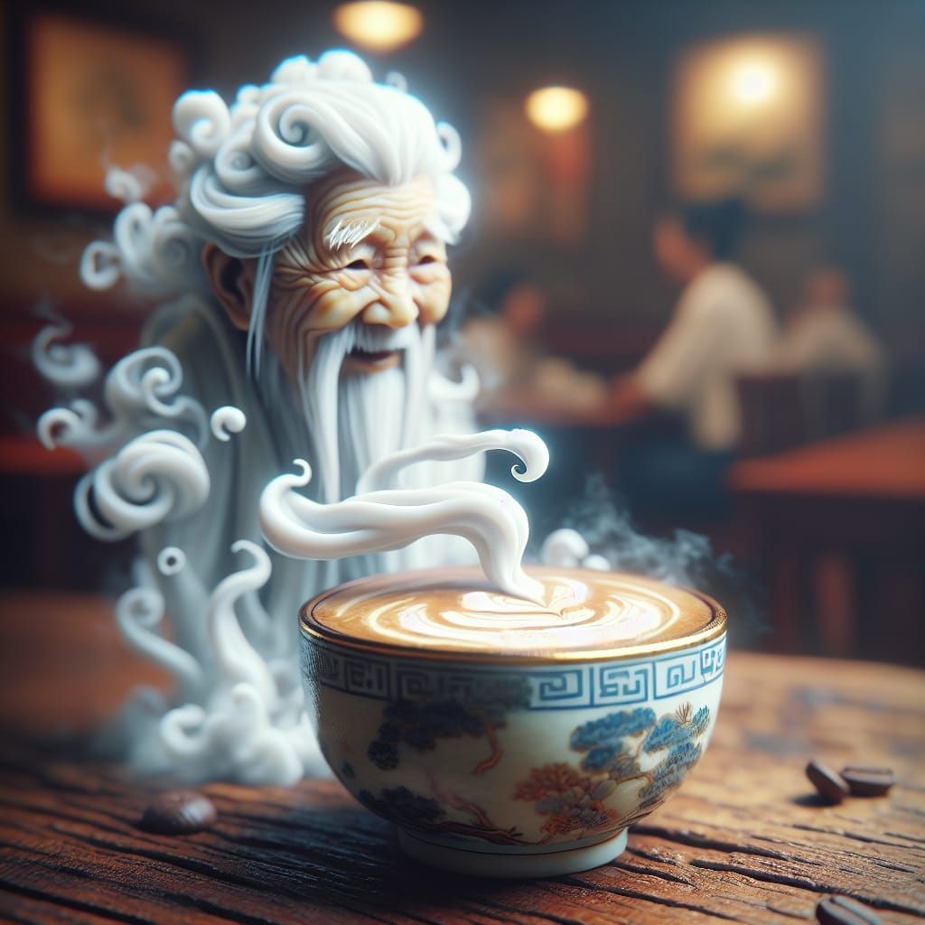 Kintsugi Coffee Cup with Steam Grandmother, Photorealistic
