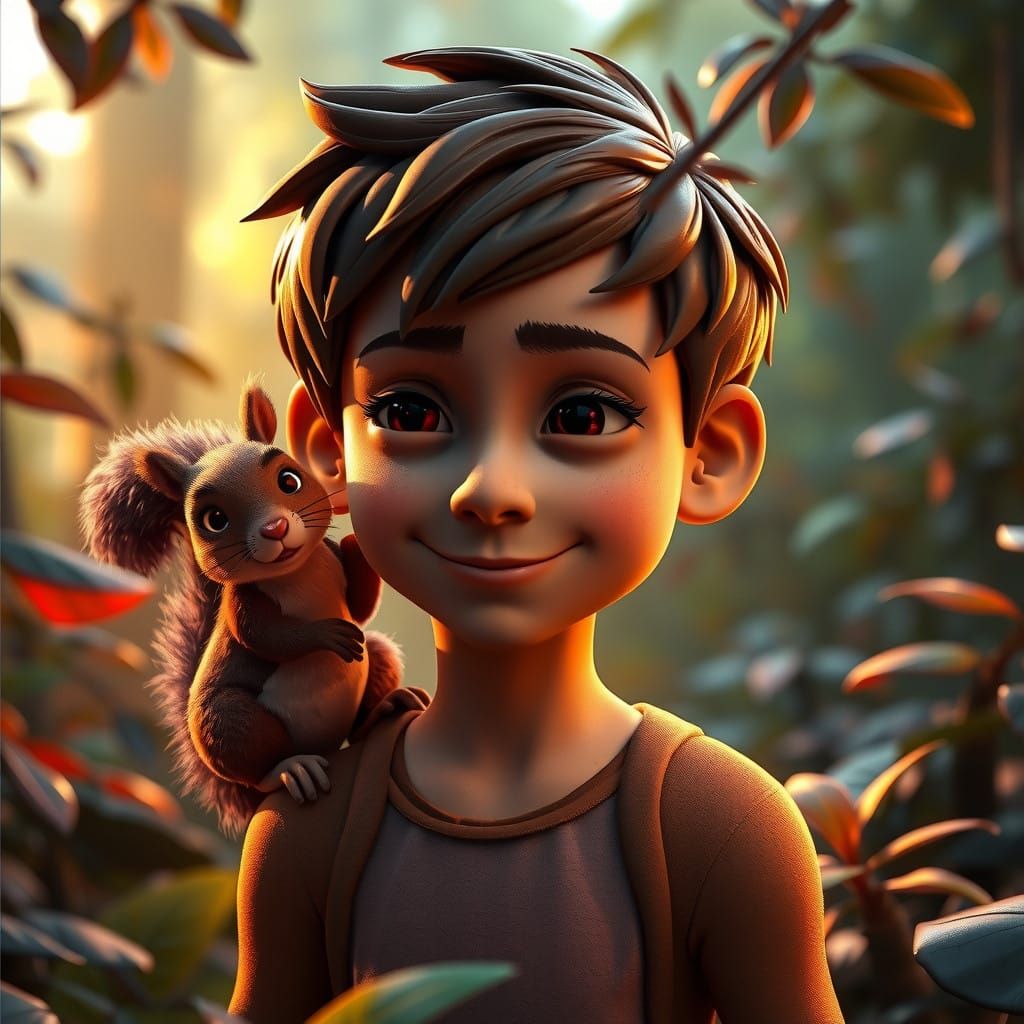 Boy of Clay Surrounded by Squirrel in Vibrant Forest