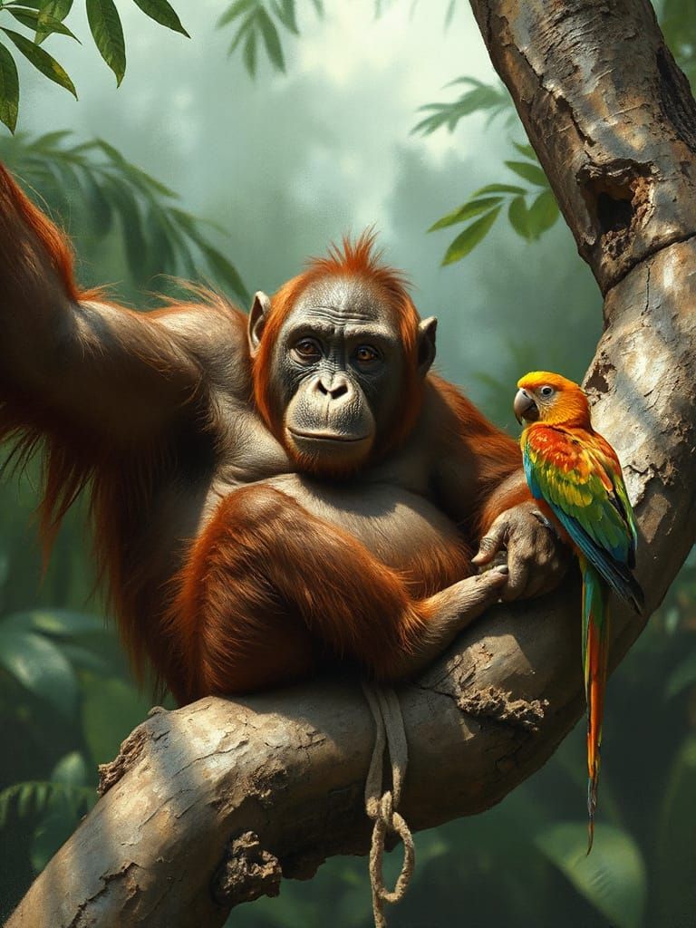 Orangutan and Parrot in Whimsical Fantasy Art