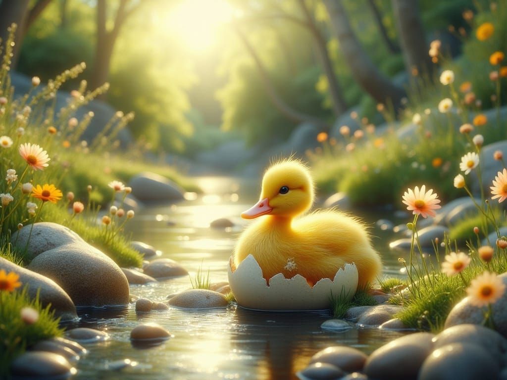 Delicate Duckling Emerges in Sunlit Glade
