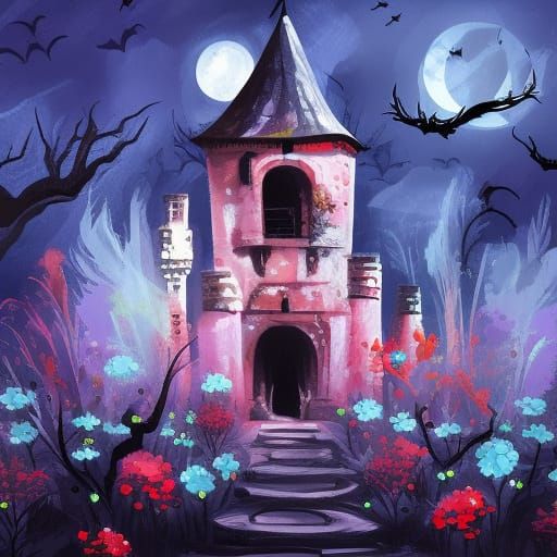 Haunted Castle Covered in Flowers, Noir Illustration