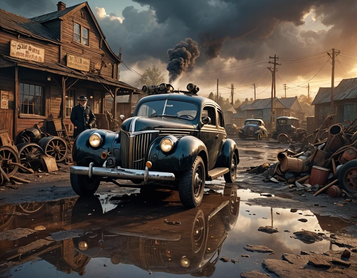 Dieselpunk 1940s: Grim Ford in a Stormy Sunset