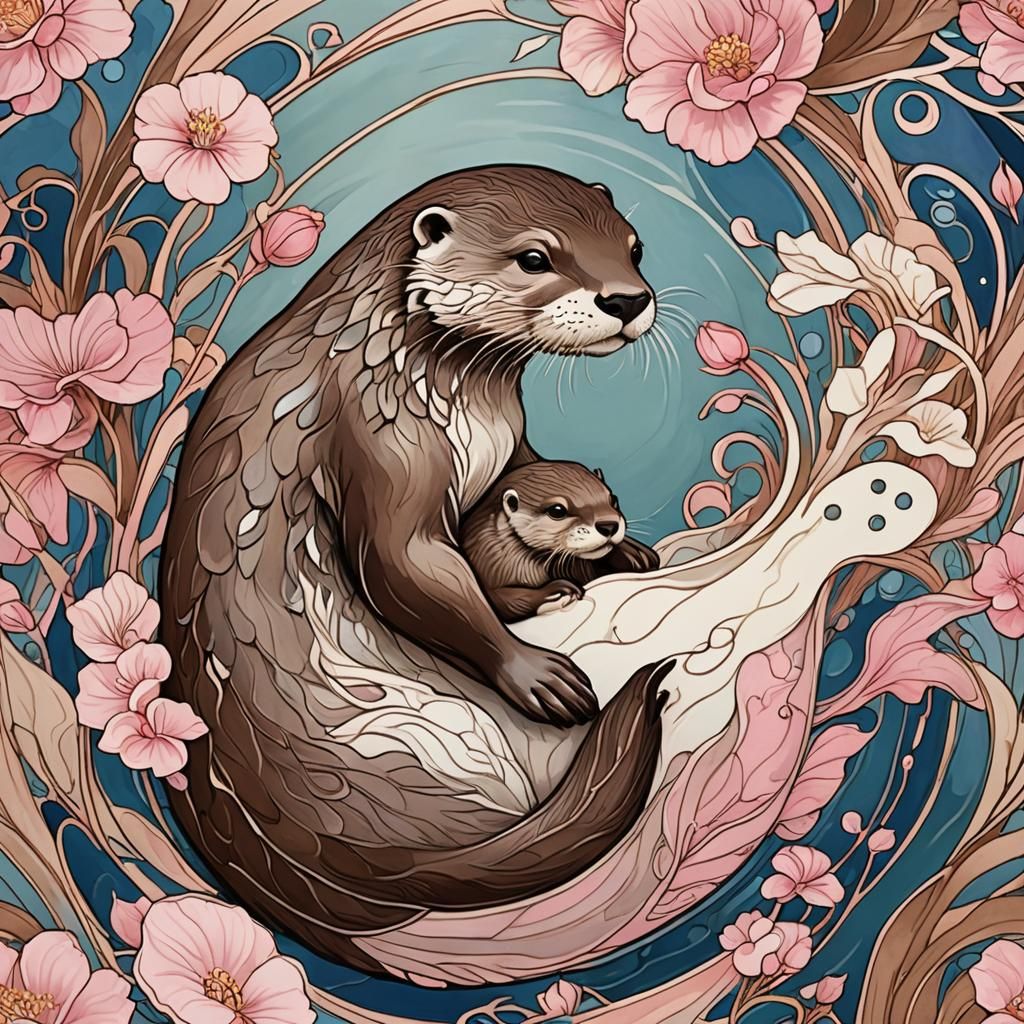 Art Nouveau Otter with Baby in Abstract Style