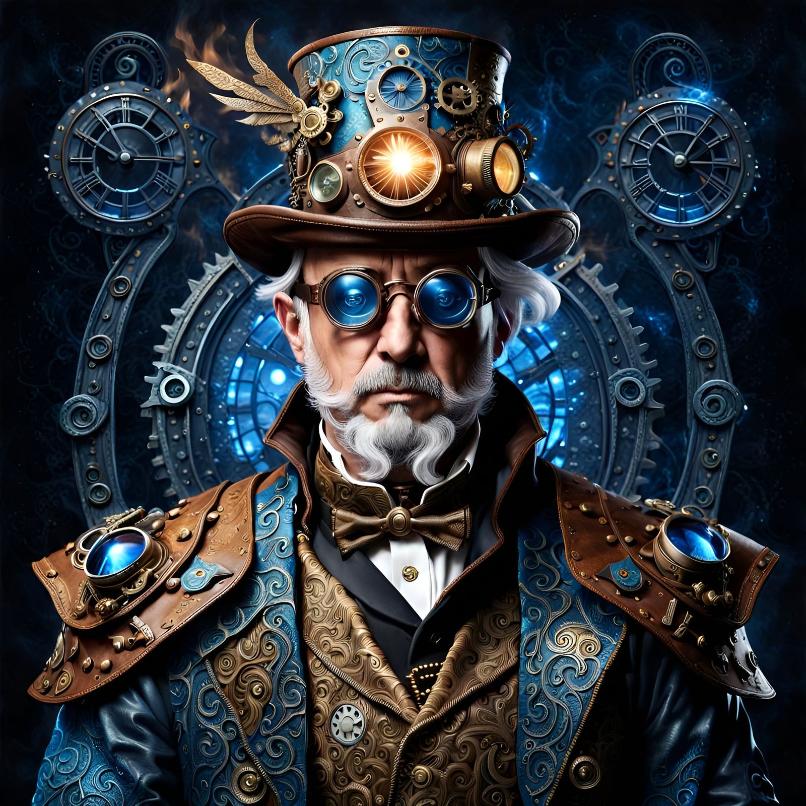 Steampunk Wizard Portrait with Magic Blue Sparks