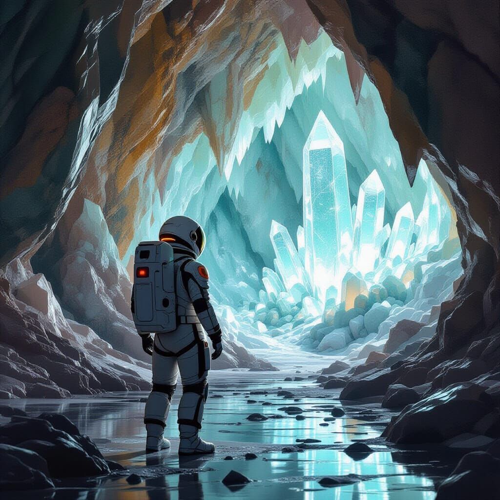 Astronaut Exploring Bioluminescent Crystal Cave, Science Fic...