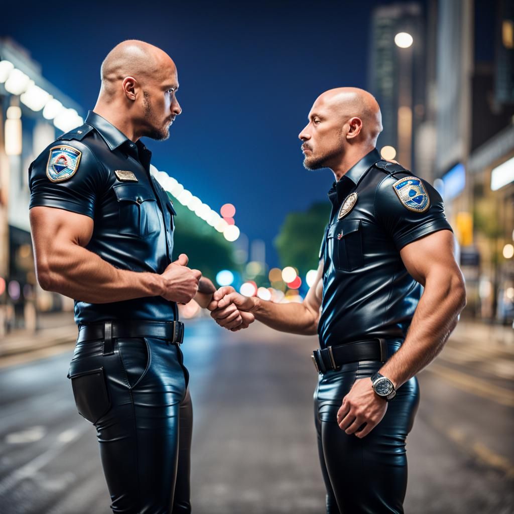 Two Bald Men Kissing in Leather Attire