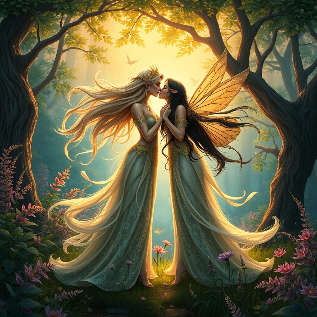 Fairies Kissing in Fantasy Forest, Dreamy Art