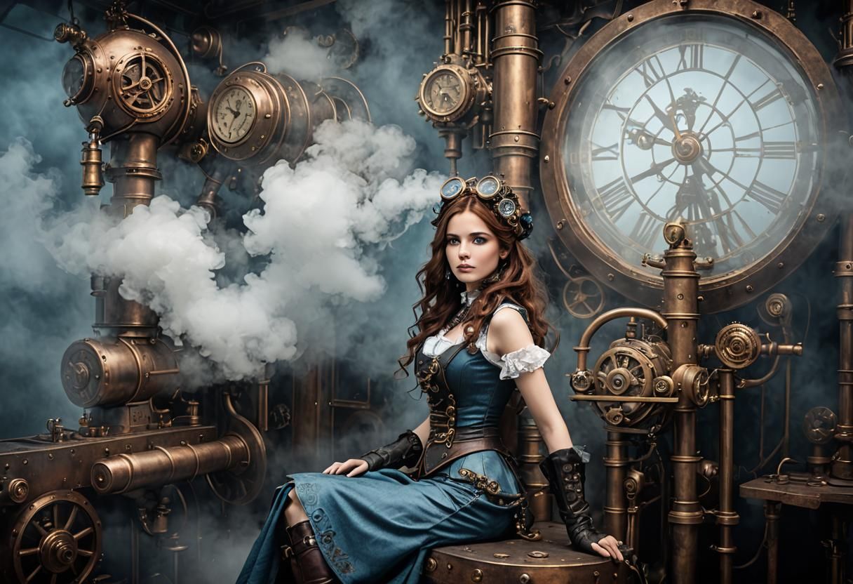 Steampunk Scene with Blue Light and Steam