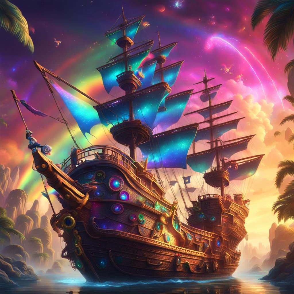Vibrant Kitten Pirate Ship with Rainbow Glow