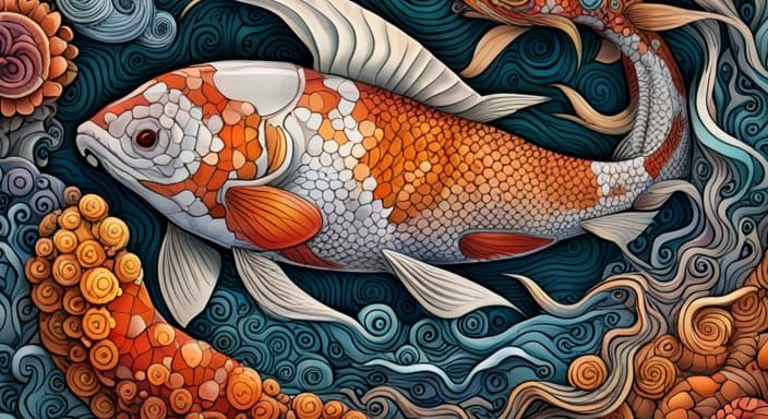 Koi and Australian Flora in Fractal Zentangle Style