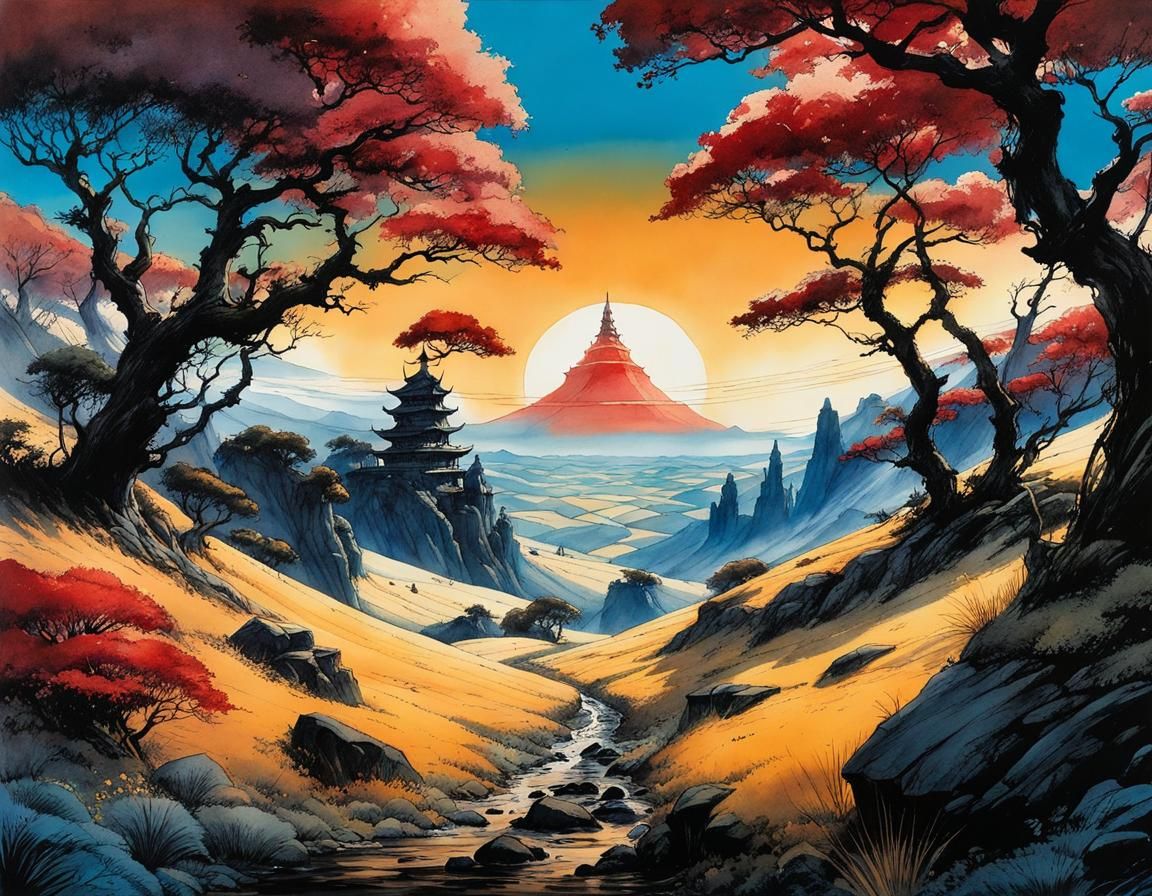 Detailed Ink and Watercolour Fantasy Landscape