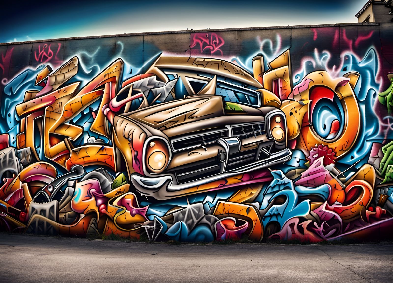 Lowrider Graffiti Mural in Urban Street Art Style
