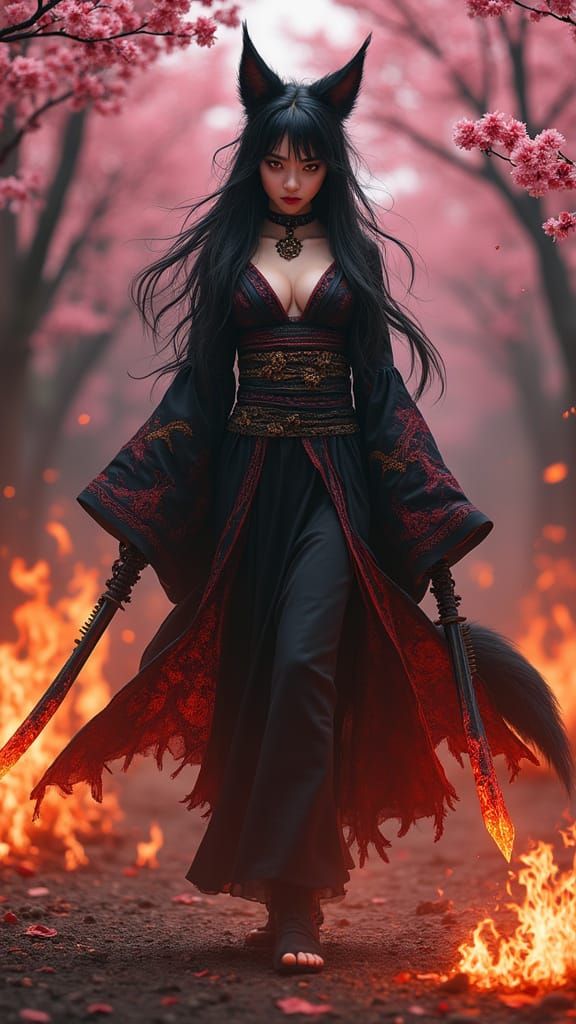 Mysterious Black Kitsune in Burning Cherry Blossom Grove