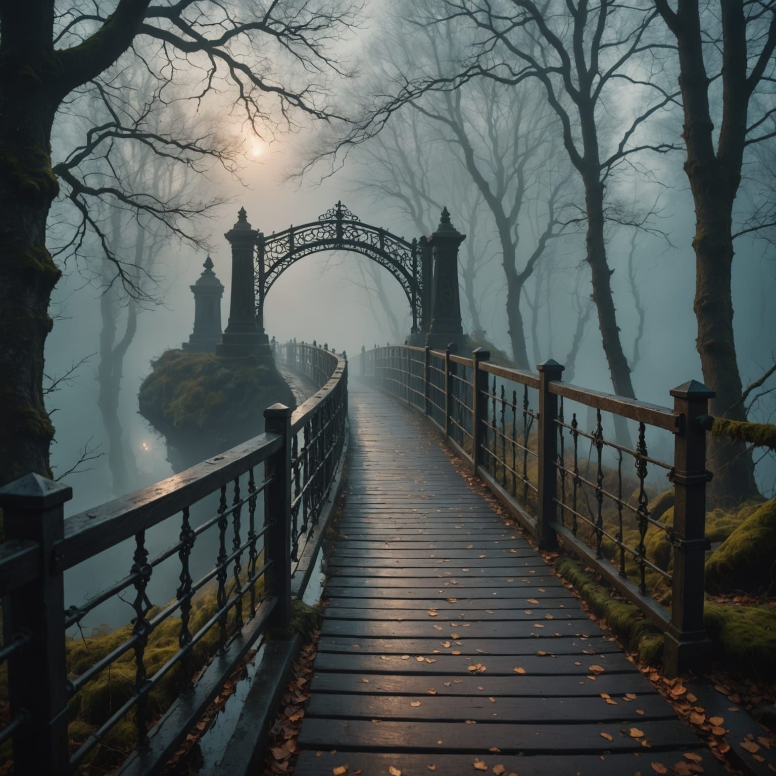 Mystical Bridge in Ethereal Fog with Glowing Runes