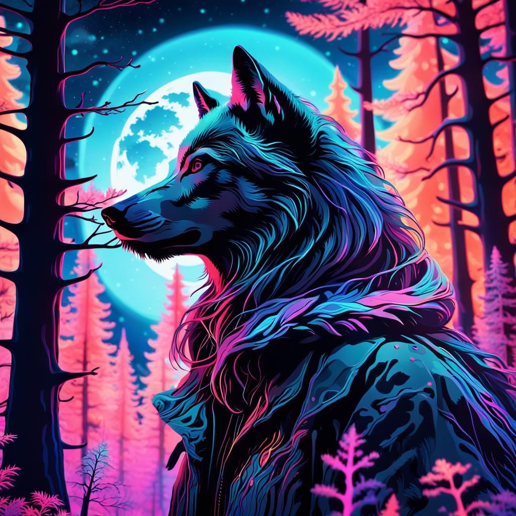 Neon Forest Silhouette with Wolf in Surreal Digital Art